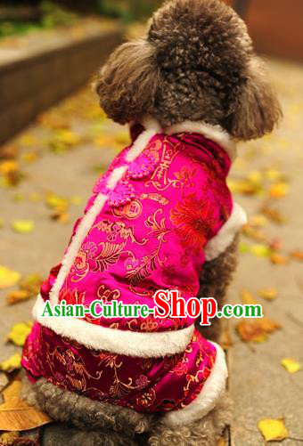 Traditional Asian Chinese Pets Clothing Dog Winter Rosy Brocade Costumes for New Year