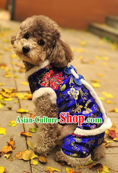 Traditional Asian Chinese Pets Clothing Dog Winter Royalblue Brocade Costumes for New Year