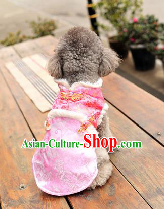 Traditional Asian Chinese Pets Clothing Dog Winter Pink Brocade Costumes for New Year