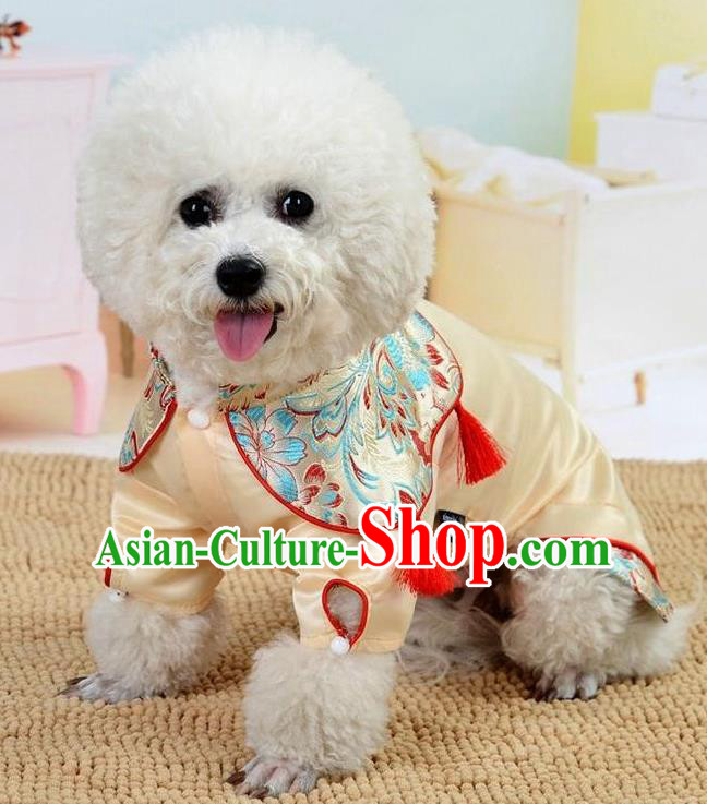 Traditional Asian Chinese Pets Winter Clothing Dog Beige Satin Costumes for New Year Spring Festival