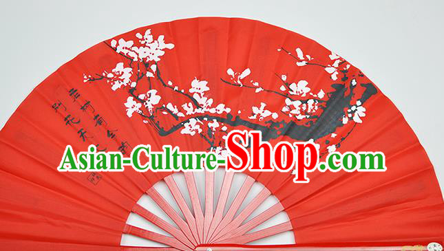 Chinese Handmade Printing Plum Blossom Red Kung Fu Fans Accordion Fan Traditional Decoration Folding Fan