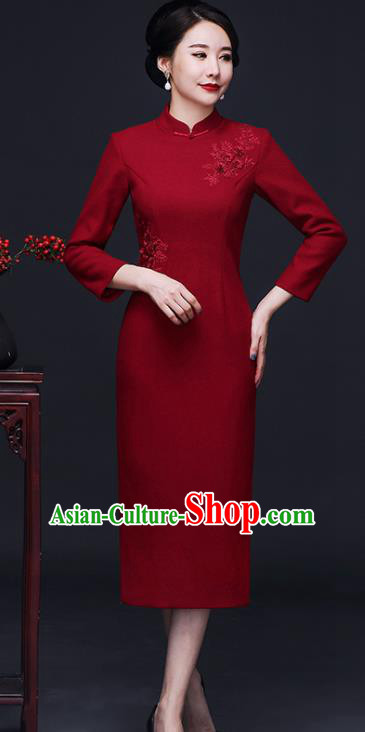 Traditional Chinese Embroidered Red Woolen Cheongsam Mother Tang Suit Qipao Dress for Women