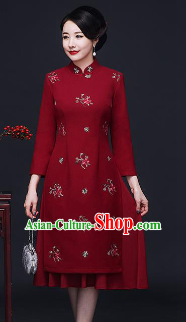 Traditional Chinese Red Woolen Cheongsam Mother Tang Suit Qipao Dress for Women