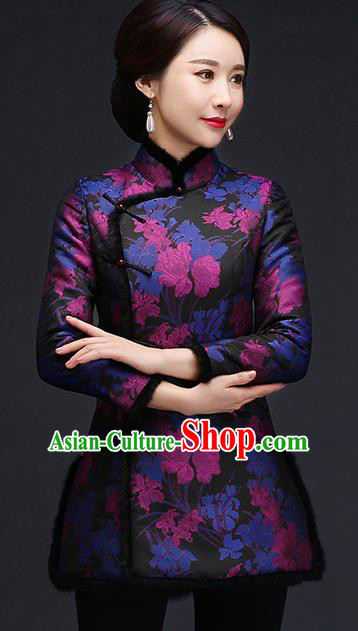 Traditional Chinese Blue Silk Cheongsam Cotton Padded Jacket Mother Tang Suit Stand Collar Overcoat for Women