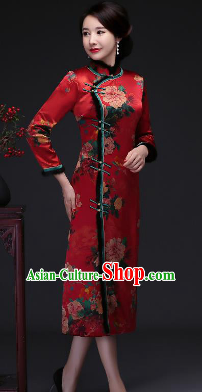 Traditional Chinese Red Silk Winter Cheongsam Mother Tang Suit Qipao Dress for Women