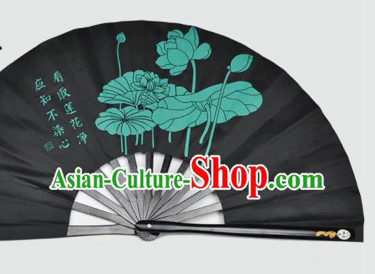 Chinese Handmade Printing Lotus Black Kung Fu Fans Accordion Fan Traditional Decoration Folding Fan