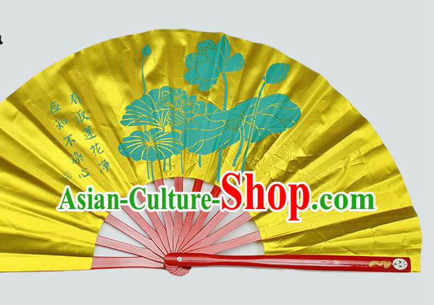 Chinese Handmade Printing Lotus Yellow Kung Fu Fans Accordion Fan Traditional Decoration Folding Fan