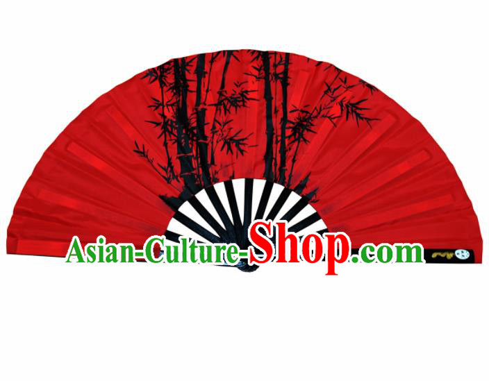 Chinese Handmade Printing Bamboo Red Kung Fu Fans Accordion Fan Traditional Decoration Folding Fan