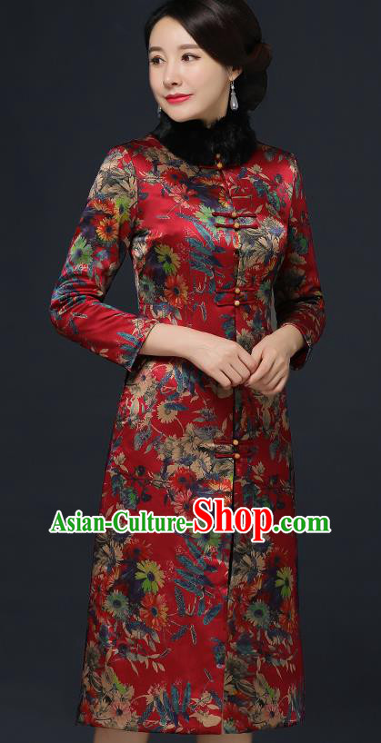 Traditional Chinese Printing Red Silk Winter Cheongsam Mother Tang Suit Qipao Dress for Women