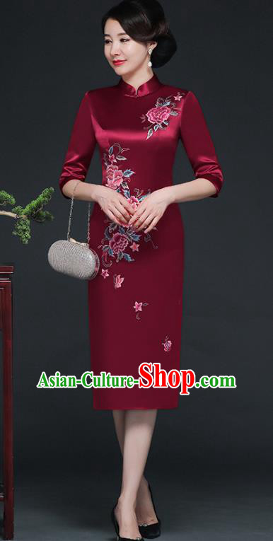 Traditional Chinese Embroidered Peony Purplish Red Silk Short Cheongsam Mother Tang Suit Qipao Dress for Women