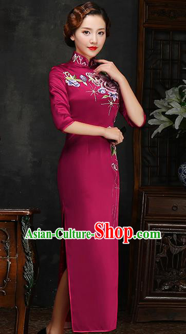 Traditional Chinese Embroidered Peony Wine Red Silk Cheongsam Mother Tang Suit Qipao Dress for Women