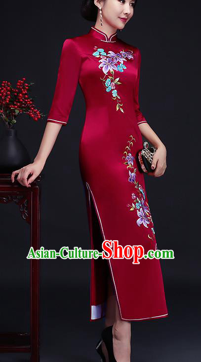 Traditional Chinese Embroidered Red Silk Cheongsam Mother Tang Suit Qipao Dress for Women