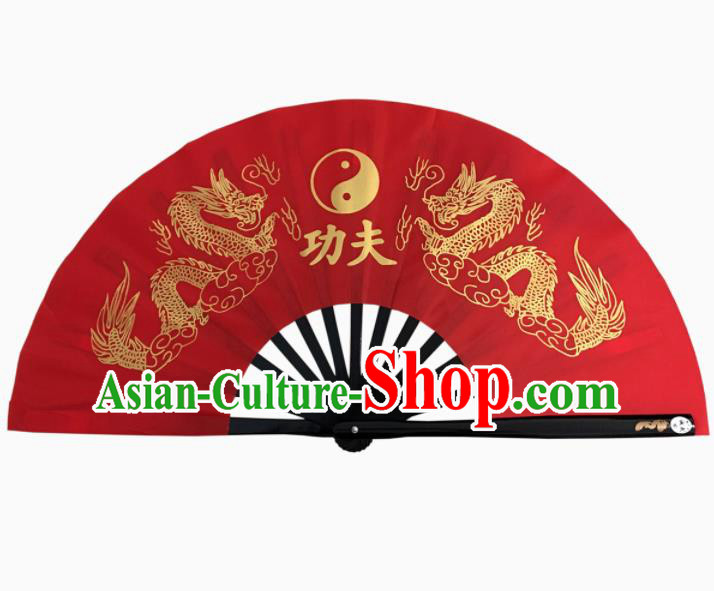 Chinese Handmade Printing Dragon Martial Arts Red Fans Accordion Fan Traditional Kung Fu Folding Fan
