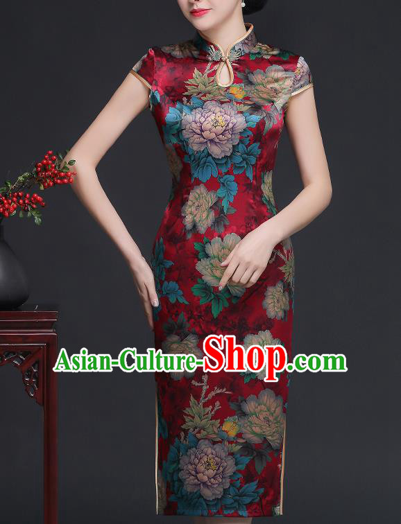 Traditional Chinese Printing Peony Red Silk Cheongsam Mother Tang Suit Qipao Dress for Women