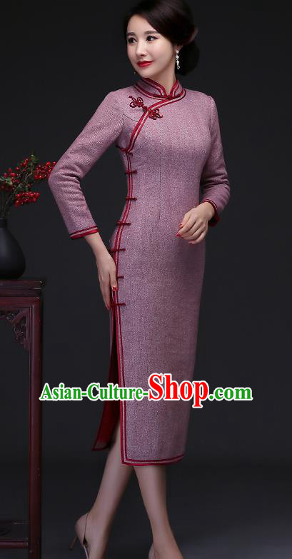 Traditional Chinese Lilac Woolen Cheongsam Mother Tang Suit Qipao Dress for Women