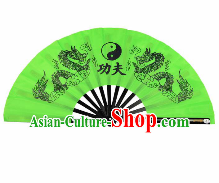 Chinese Handmade Printing Dragon Martial Arts Green Fans Accordion Fan Traditional Kung Fu Folding Fan