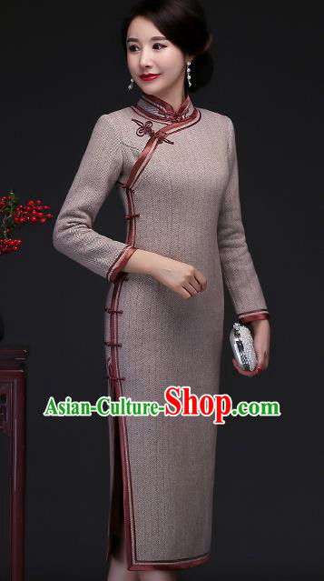 Traditional Chinese Khaki Woolen Cheongsam Mother Tang Suit Qipao Dress for Women