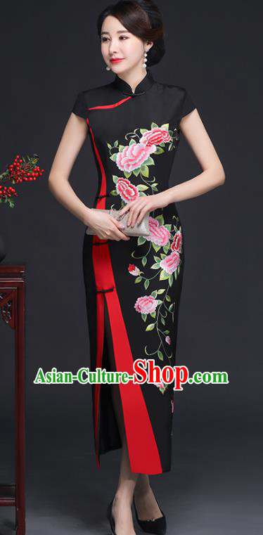 Traditional Chinese Embroidered Peony Black Silk Cheongsam Mother Tang Suit Qipao Dress for Women