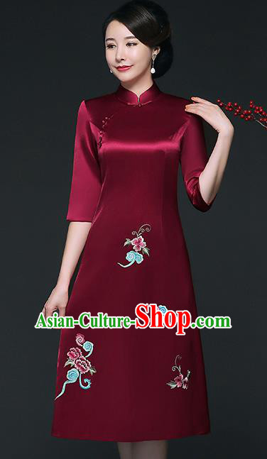 Traditional Chinese Embroidered Wine Red Silk Cheongsam Mother Tang Suit Qipao Dress for Women