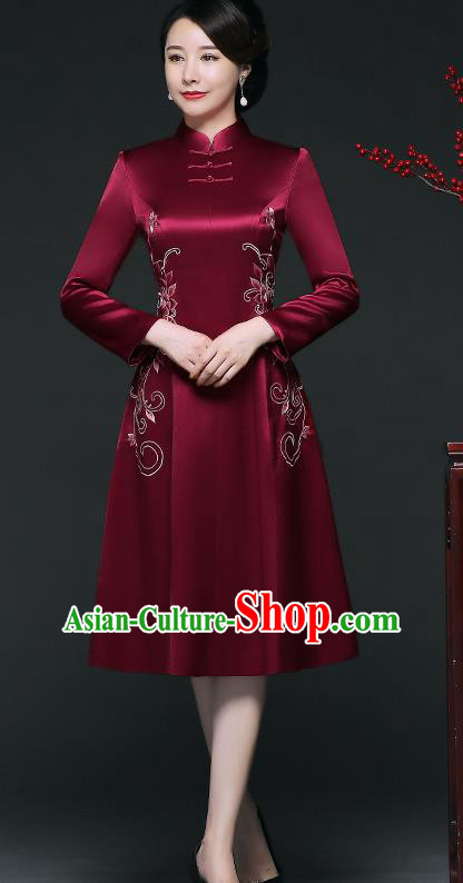Traditional Chinese Embroidered Lotus Wine Red Silk Cheongsam Mother Tang Suit Qipao Dress for Women