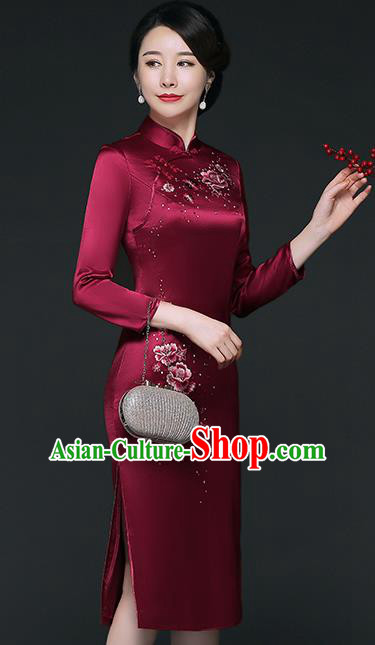 Traditional Chinese Embroidered Roses Wine Red Silk Cheongsam Mother Tang Suit Qipao Dress for Women