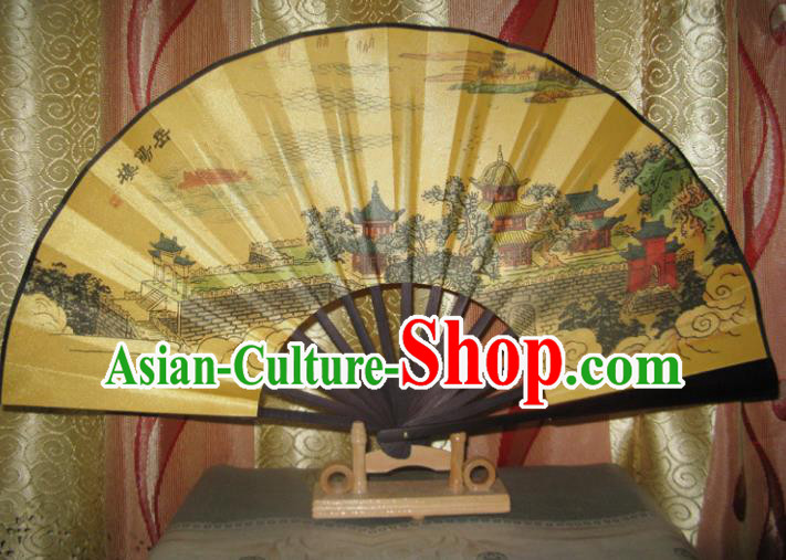 Chinese Handmade Painting Yueyang Tower Yellow Fans Accordion Fan Traditional Decoration Folding Fan