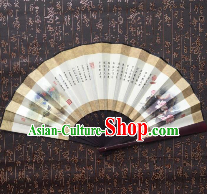 Chinese Handmade Painting Gathering Lotus Seeds Fans Accordion Fan Traditional Decoration Folding Fan