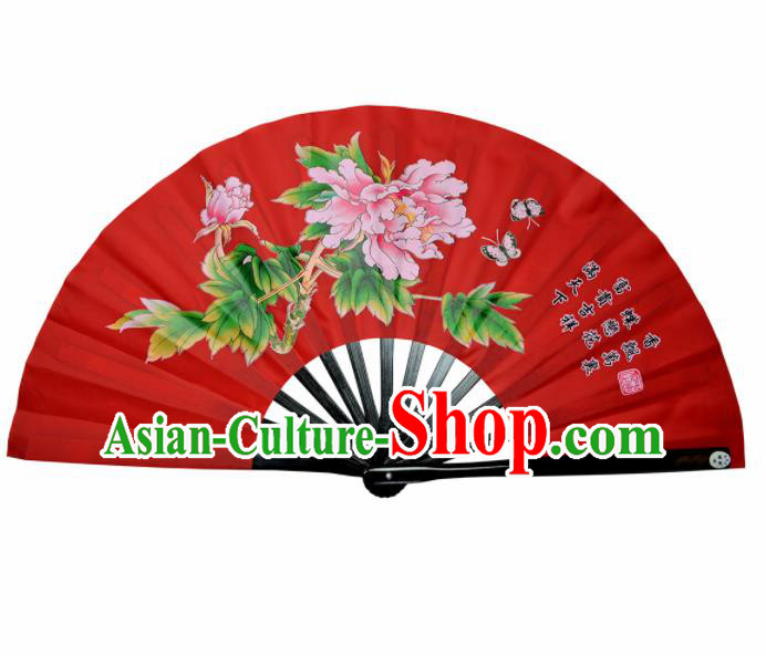 Chinese Handmade Martial Arts Printing Peony Red Fans Accordion Fan Traditional Kung Fu Folding Fan