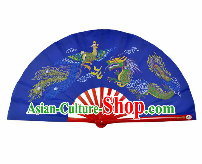 Chinese Handmade Martial Arts Printing Dragon Phoenix Royalblue Silk Fans Accordion Fan Traditional Kung Fu Folding Fan