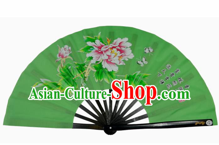 Chinese Handmade Martial Arts Printing Peony Green Silk Fans Accordion Fan Traditional Kung Fu Folding Fan