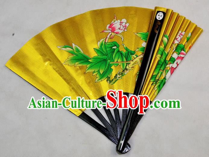 Chinese Handmade Martial Arts Printing Peony Golden Silk Fans Accordion Fan Traditional Kung Fu Folding Fan