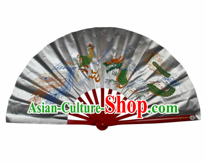 Chinese Handmade Martial Arts Printing Dragon Phoenix Grey Silk Fans Accordion Fan Traditional Kung Fu Folding Fan