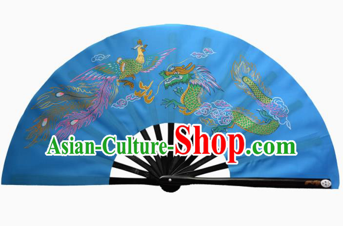 Chinese Handmade Martial Arts Printing Dragon Phoenix Blue Silk Fans Accordion Fan Traditional Kung Fu Folding Fan