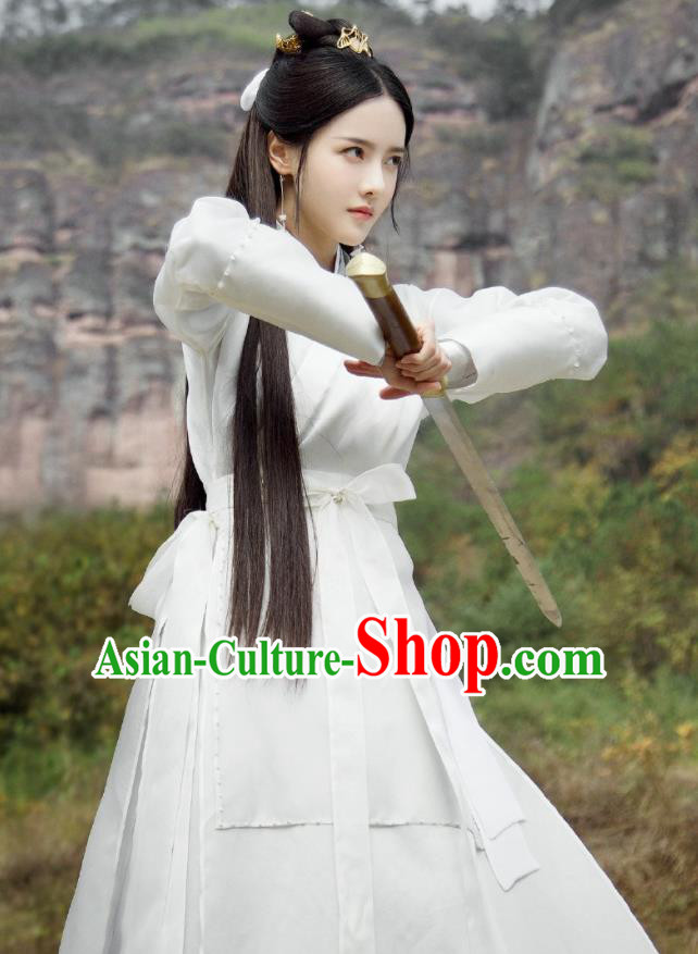 Chinese Ancient Female Swordsman Drama Love and Destiny Qing Yao Zhang Zhi Xi White Costumes and Headpiece for Women