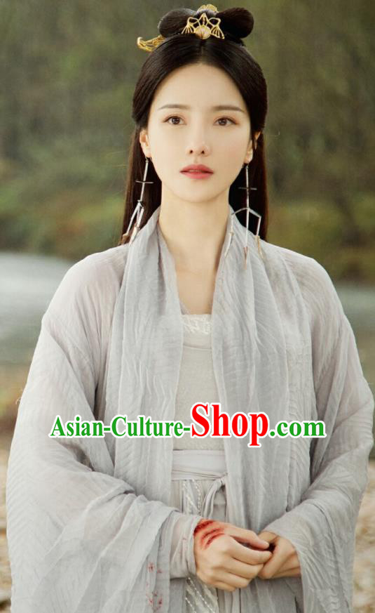 Chinese Ancient Goddess Swordswoman Drama Love and Destiny Qing Yao Zhang Zhi Xi Blue Costumes and Headpiece for Women