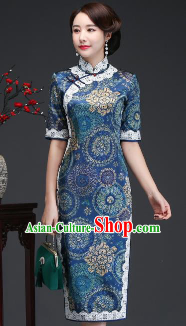 Traditional Chinese Printing Blue Silk Cheongsam Mother Tang Suit Qipao Dress for Women