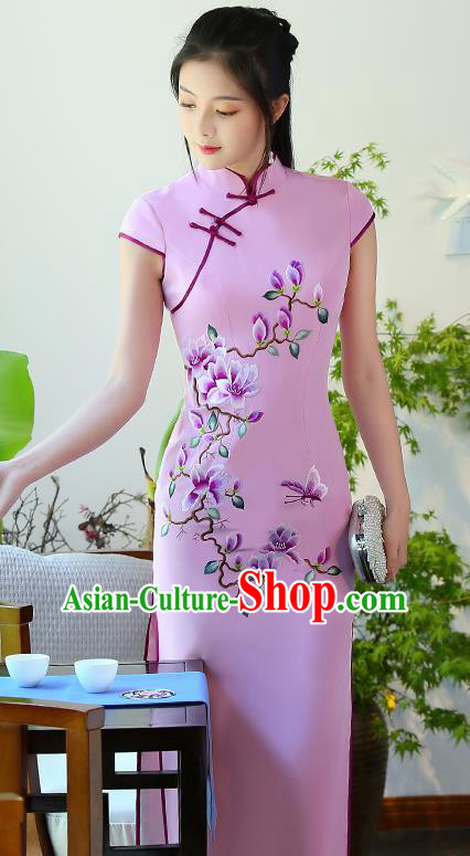 Traditional Chinese Embroidered Magnolia Pink Silk Cheongsam Mother Tang Suit Qipao Dress for Women