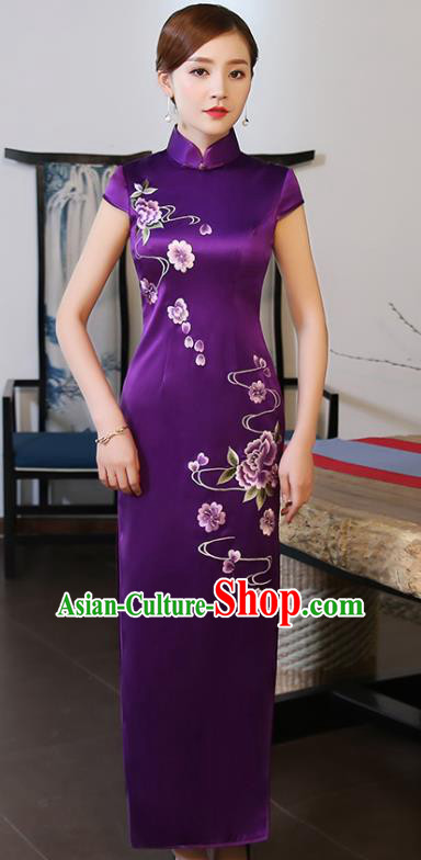 Traditional Chinese Embroidered Peony Purple Silk Cheongsam Mother Tang Suit Qipao Dress for Women