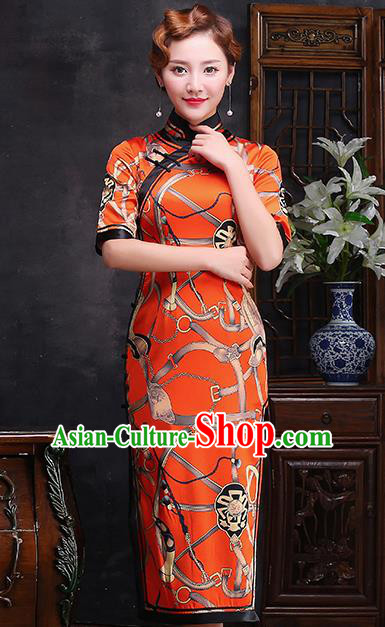 Traditional Chinese Printing Orange Silk Cheongsam Mother Tang Suit Qipao Dress for Women