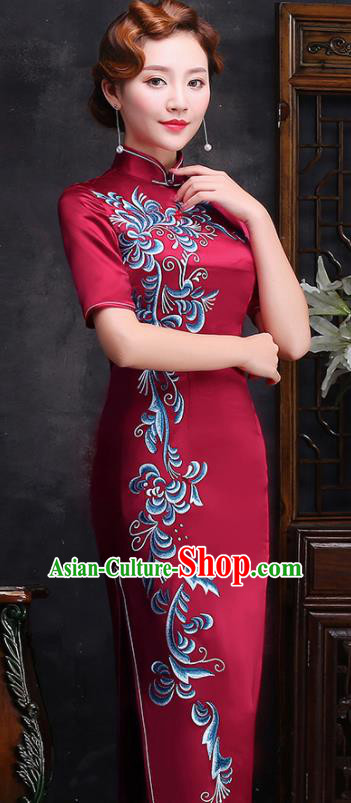 Traditional Chinese Printing Wine Red Silk Cheongsam Mother Tang Suit Qipao Dress for Women