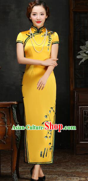 Traditional Chinese Embroidered Yellow Silk Cheongsam Mother Tang Suit Qipao Dress for Women