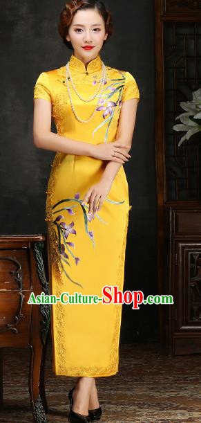 Traditional Chinese Embroidered Orchid Yellow Silk Cheongsam Mother Tang Suit Qipao Dress for Women