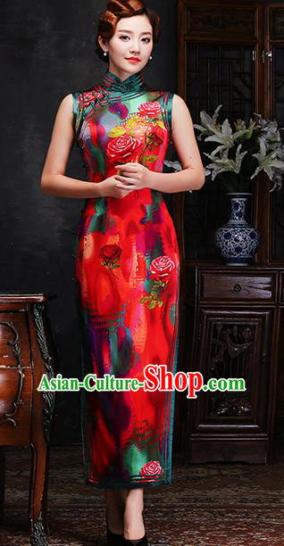 Traditional Chinese Printing Roses Red Silk Cheongsam Mother Tang Suit Qipao Dress for Women