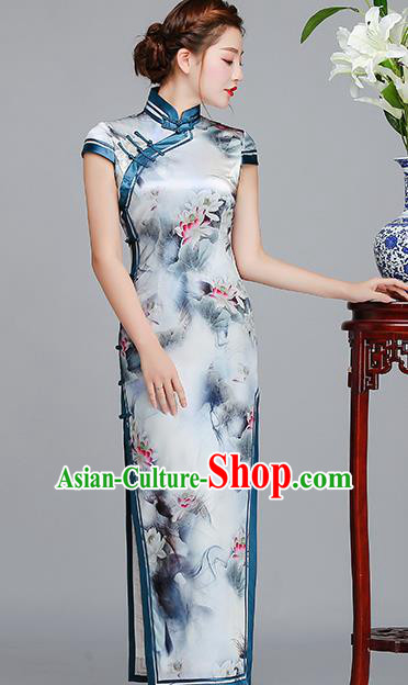 Traditional Chinese Printing Lotus Light Blue Silk Cheongsam Mother Tang Suit Qipao Dress for Women