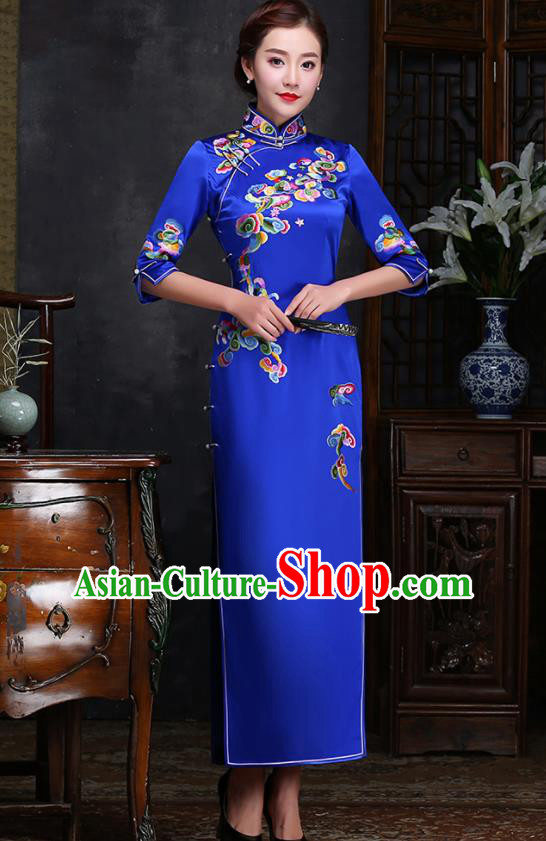 Traditional Chinese Embroidered Clouds Royalblue Silk Cheongsam Mother Tang Suit Qipao Dress for Women