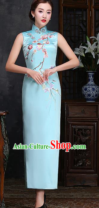 Traditional Chinese Embroidered Plum Blue Silk Cheongsam Mother Tang Suit Qipao Dress for Women