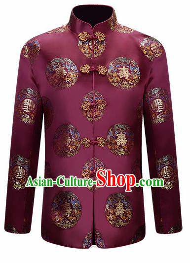 Traditional Chinese Purple Brocade Cotton Padded Coat New Year Tang Suit Stand Collar Overcoat for Old Men