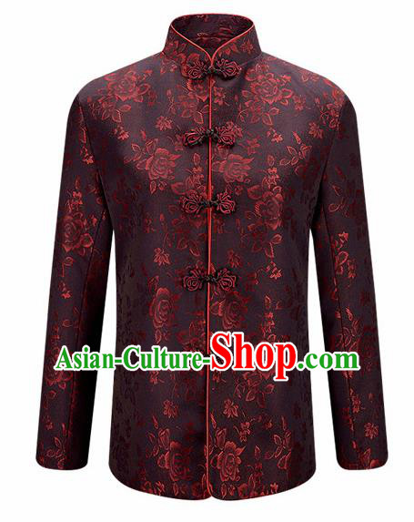 Traditional Chinese Printing Roses Brown Brocade Cotton Padded Coat New Year Tang Suit Stand Collar Overcoat for Old Men