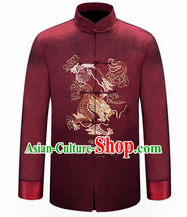 Traditional Chinese Embroidered Dragon Purplish Red Brocade Cotton Padded Coat New Year Tang Suit Stand Collar Overcoat for Old Men