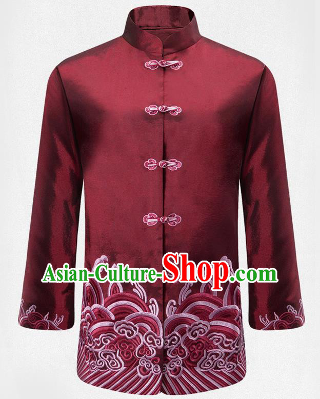 Traditional Chinese Embroidered Waves Purplish Red Brocade Cotton Padded Coat New Year Tang Suit Stand Collar Overcoat for Old Men